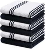 Dish Cloths, 12 x 12 Inches, Trendy Stripes Design, Premium Cotton Waffle Weave Super Soft and Absorbent Dish Quick Drying Kitchen Dish Rags, 6 Pack, White & Black