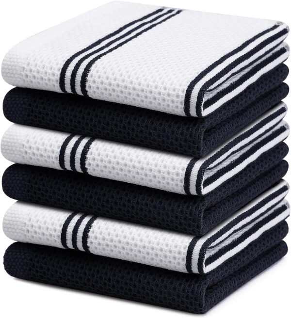 Dish Cloths, 12 x 12 Inches, Trendy Stripes Design, Premium Cotton Waffle Weave Super Soft and Absorbent Dish Quick Drying Kitchen Dish Rags, 6 Pack, White & Black