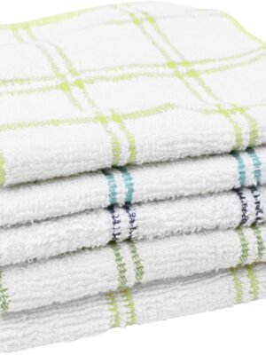 100% Cotton 12-inch x 12-inch Kitchen Dish Towel, Gentle Cleaning Wash Cloth with Poly Scour Side, Blue/Green, 5-Pack