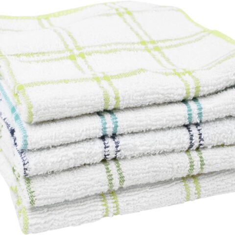100% Cotton 12-inch x 12-inch Kitchen Dish Towel, Gentle Cleaning Wash Cloth with Poly Scour Side, Blue/Green, 5-Pack