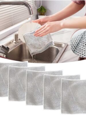 Non-Scratch Scrubbing Wire Dishwashing Rags, Double Stainless Steel Scrubber, Steel Wire Dish Towel, Microfiber Dish Cloths, Resuable Dishwashing Rags for Wet and Dry (3 Pack)