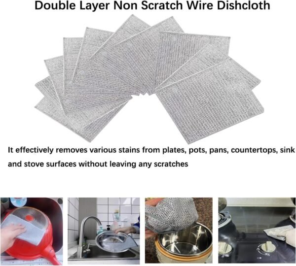 Non Scratch Wire Dishcloth and Hard Bristle Crevice Cleaning Brush(12 PCS), Double Layer Multifunctional Wire Dishwashing Rag, Multipurpose Wire Dishwashing Rags for Wet and Dry