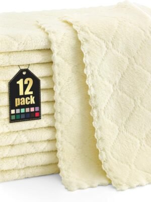 12 Pack Kitchen Dish Cloths (10 x 10 Inches, Cream Yellow), Super Soft and Absorbent Coral Velvet Dish, Nonstick Oil Fast Drying Microfiber Cleaning Cloth, No Lint Household Dishcloths