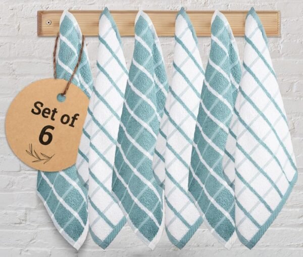 Dish Cloths Terry Cotton Pack of 6, Highly Absorbent Quick Drying Super Soft Premium Dish for Kitchen with Hanging Loop Hand & Tea - 12x12 Inch, (Aqua & White, Checks)