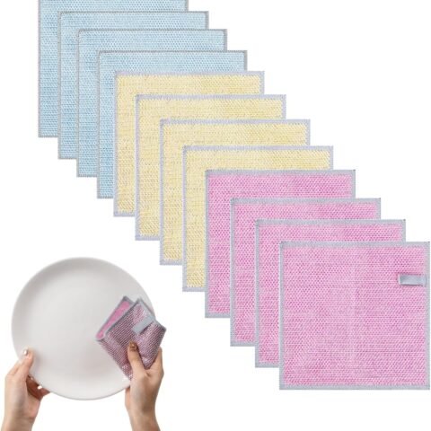 12 Pcs Non Scratch Wire Dishcloth Multipurpose Wire Dishwashing Rag for Wet and Dry Double Layers Reusable Wire Cleaning Cloths with Microfiber Cleaning Cloth, Suitable for Kitchen, Tableware, Stove
