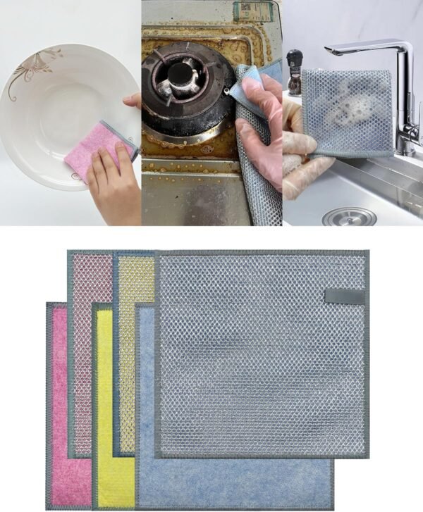 2024 Double-Sided New Multifunctional Non-scratch Wire Dishcloth, Multipurpose Wire Dishwashing Rags for Wet and Dry, Special Kitchen Scouring Pad, Home Kitchen Cooktop Cloths for Cleaning (6Pcs)