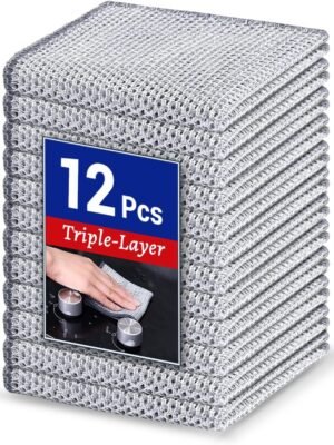12 PCS New Upgrade 3-Layer Non-Scratch Multipurpose Steel Wire Dishcloths - Reusable Quick-Dry Odor-Free Scrub Cloths for Dishes, Kitchen Cleaning Cloths for Cookware, Sinks, Stove Tops 7.87“ x 7.87”