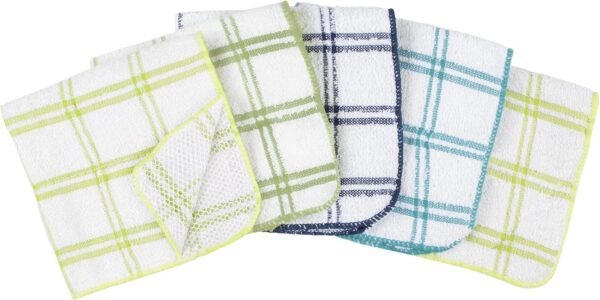 100% Cotton 12-inch x 12-inch Kitchen Dish Towel, Gentle Cleaning Wash Cloth with Poly Scour Side, Blue/Green, 5-Pack