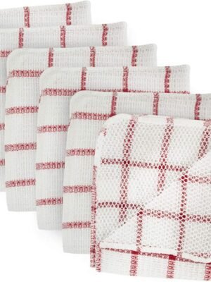 Dishcloths Collection Windowpane Dishrag Set, 12x12, White/Red Stripe, 6 Piece