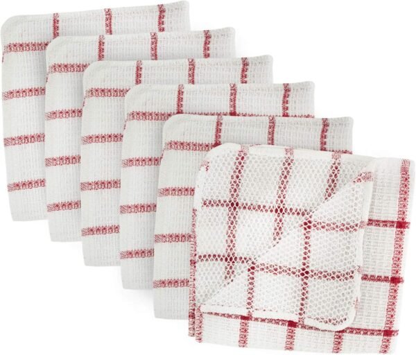 Dishcloths Collection Windowpane Dishrag Set, 12x12, White/Red Stripe, 6 Piece