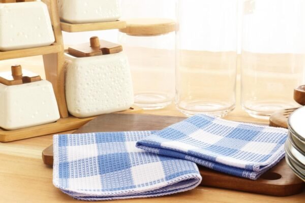 Waffle Weave Plaid Dish Cloths, 100% Cotton - 12 x 12 Inches, Ultra Soft Absorbent Quick Drying Dish Buffalo Check Dish Rags for Kitchen, 8 Pack - Spring Summer - Light Blue & White