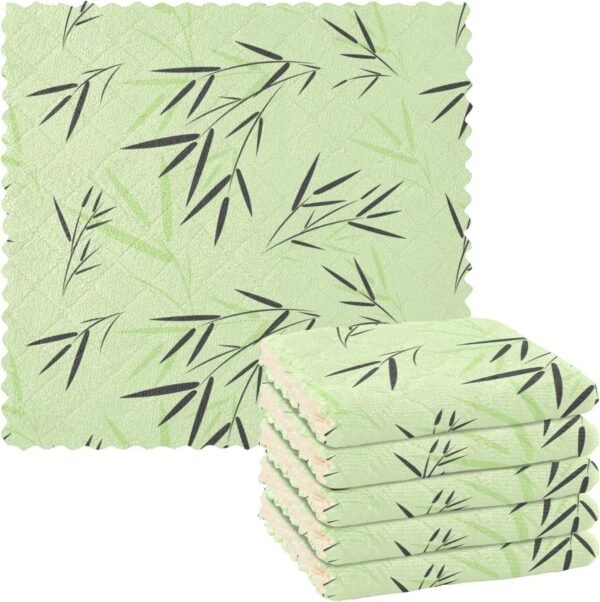 Kitchen Towels 6 Pack Dish Cloths for Washing Dishes Kitchen Towels and Dishcloths Sets Dish Towels for Kitchen Drying Microfiber Absorbent Green Bamboo Leaves