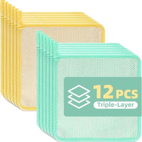 12 PCS Wire Dish Cloths Kitchen Non Scratch Reusable Scrub Rags Microfiber Scrub Pads for Dishes Dual Layer Cleaning Cloths Vegetables Friendly dishwashing Sponge Fast Dry Dish