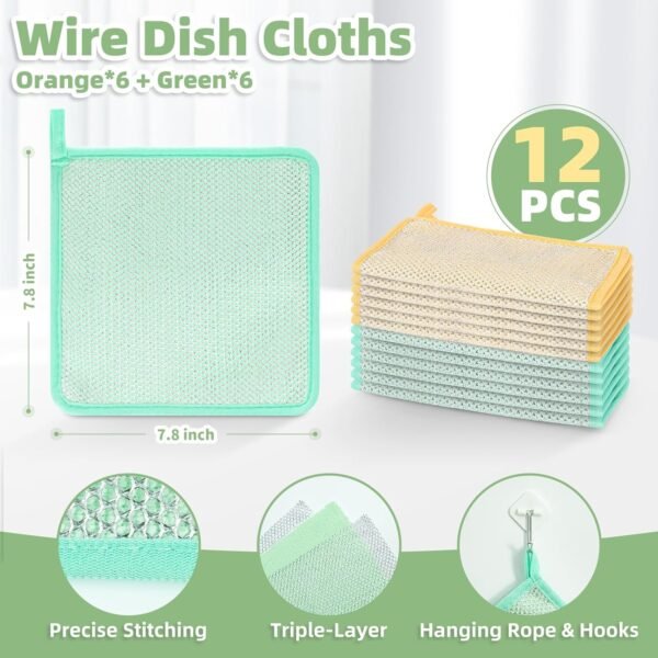 12 PCS Wire Dish Cloths Kitchen Non Scratch Reusable Scrub Rags Microfiber Scrub Pads for Dishes Dual Layer Cleaning Cloths Vegetables Friendly dishwashing Sponge Fast Dry Dish