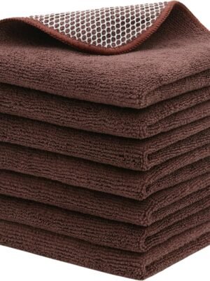 Microfiber Cleaning Cloth Fast Drying Kitchen Dish Cloths Cleaning Rags for Washing Dishes, Absorbent Lint Free Kitchen Washcloths Rags with Poly Scour Side, 12 Inch x 12 Inch (Brown)
