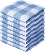 Waffle Weave Plaid Dish Cloths, 100% Cotton - 12 x 12 Inches, Ultra Soft Absorbent Quick Drying Dish Buffalo Check Dish Rags for Kitchen, 8 Pack - Spring Summer - Light Blue & White