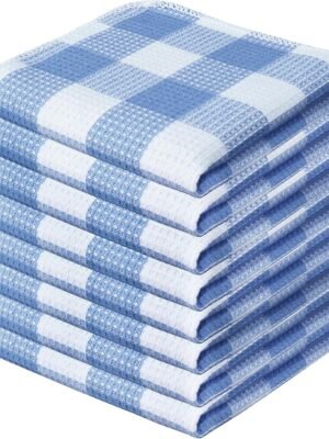 Waffle Weave Plaid Dish Cloths, 100% Cotton - 12 x 12 Inches, Ultra Soft Absorbent Quick Drying Dish Buffalo Check Dish Rags for Kitchen, 8 Pack - Spring Summer - Light Blue & White