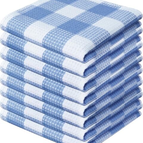 Waffle Weave Plaid Dish Cloths, 100% Cotton - 12 x 12 Inches, Ultra Soft Absorbent Quick Drying Dish Buffalo Check Dish Rags for Kitchen, 8 Pack - Spring Summer - Light Blue & White