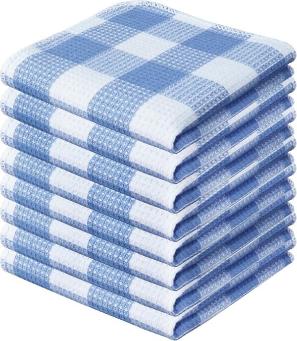 Waffle Weave Plaid Dish Cloths, 100% Cotton - 12 x 12 Inches, Ultra Soft Absorbent Quick Drying Dish Buffalo Check Dish Rags for Kitchen, 8 Pack - Spring Summer - Light Blue & White