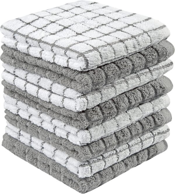 Premium Cotton Dish Cloths 12" x 12" | Gray Check Design | 405 GSM | Highly Absorbent & Soft Dish | 100% Natural Ring Spun Cotton Kitchen Towel Set - 8 Pack