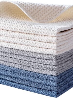 Premium Microfiber Kitchen Dish Cloth Waffle Weave 12 Pack (12x12 in, Dark Blue, Gray, Off White)